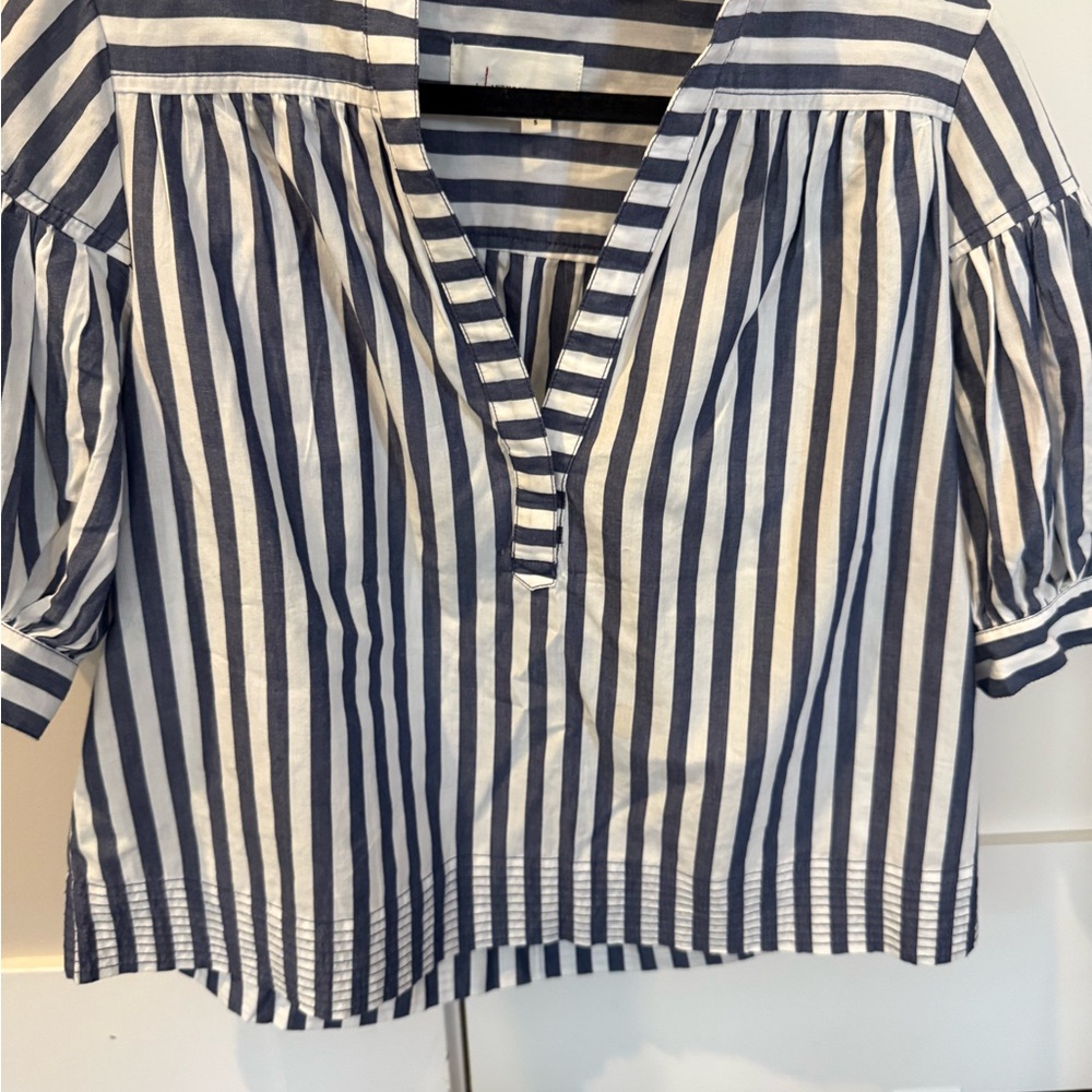 Anthropologie Darcey Striped Navy and White Women's Band-Collar Top - Picture 3 of 4